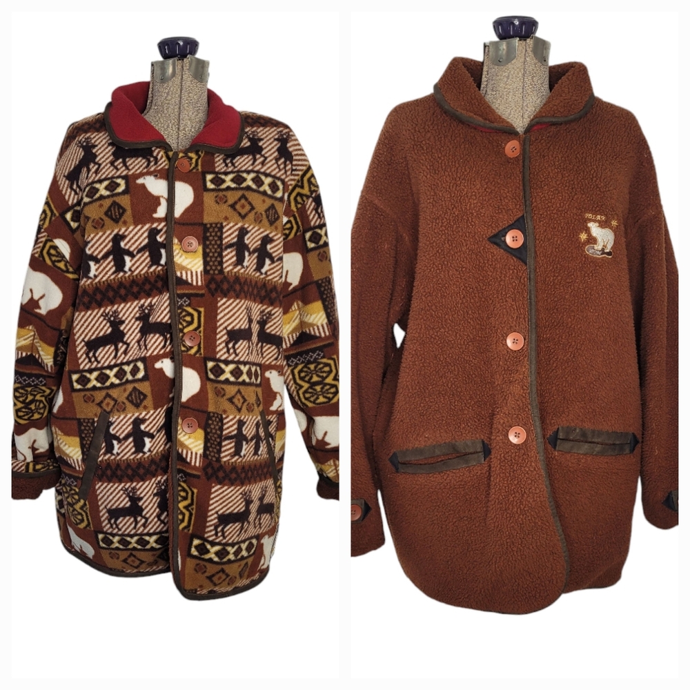 Vintage Reversible brown Cat Out fleece coat with animal print in size XL - Picture 1 of 16